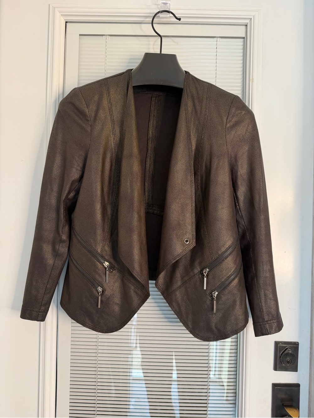 VEX Collection Brown Vegan Pebbled Leather Drape Front Jacket Sz 44 Like New